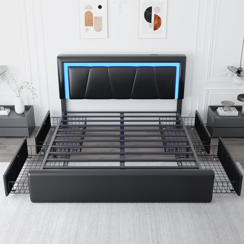 Full Size Bed Frame with 4 Storage Drawers and LED Lights, Upholstered Platform Bed with Adjustable Headboard and Charging Station