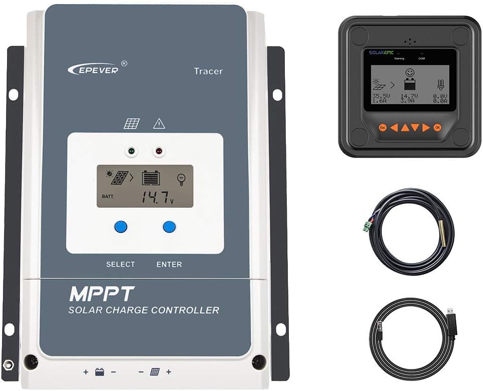 EPEVER MPPT Solar Charge Controller 80A Negative Ground 200V PV Solar Panel Charger with MT50 Remote Meter Temperature Sensor & PC Communication Cable