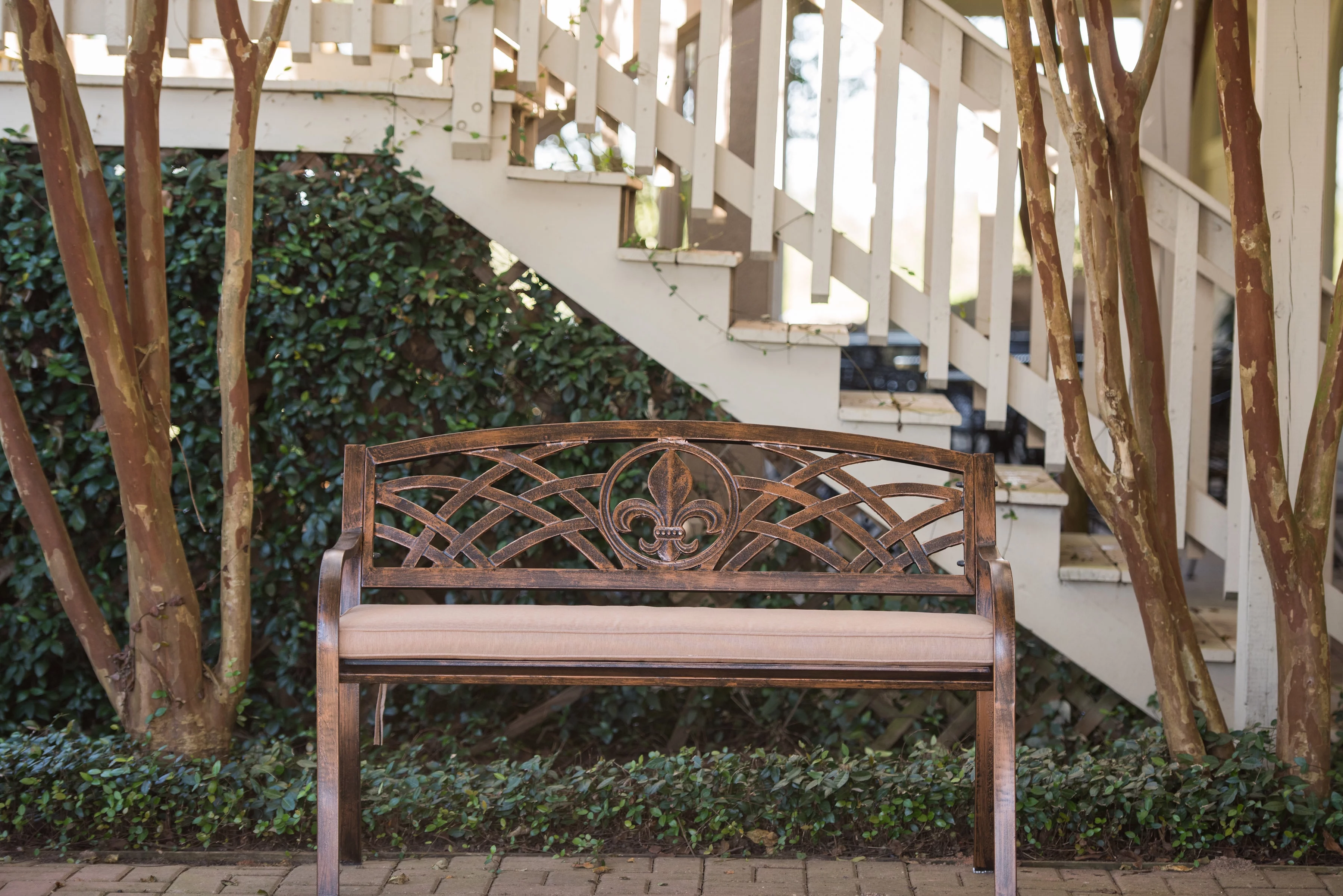 Leigh Country Outdoor Metal Patio Bench with Fleur-De-Lis - Bronze