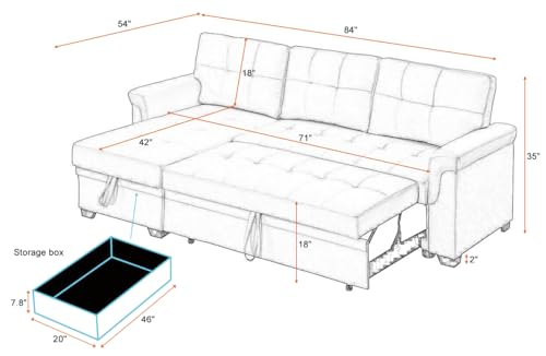 L-Shaped Pull Out Sleep Sofabed,Modern Reversible Sleeper Sectional Sofa Chenille Upholstered Button Tufted Decor with Storage Chaise