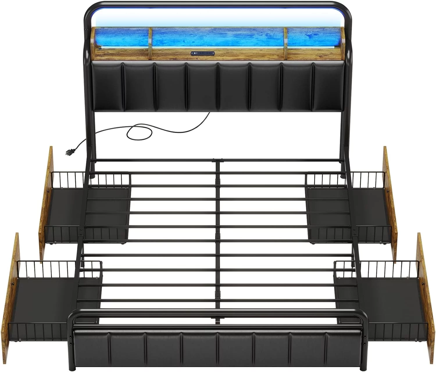 Queen LED Bed Frame with 4 Storage Drawers & Charging Station, Upholstered Headboard with Shelf & Hidden Storage Space, Heavy Steel Slat Support