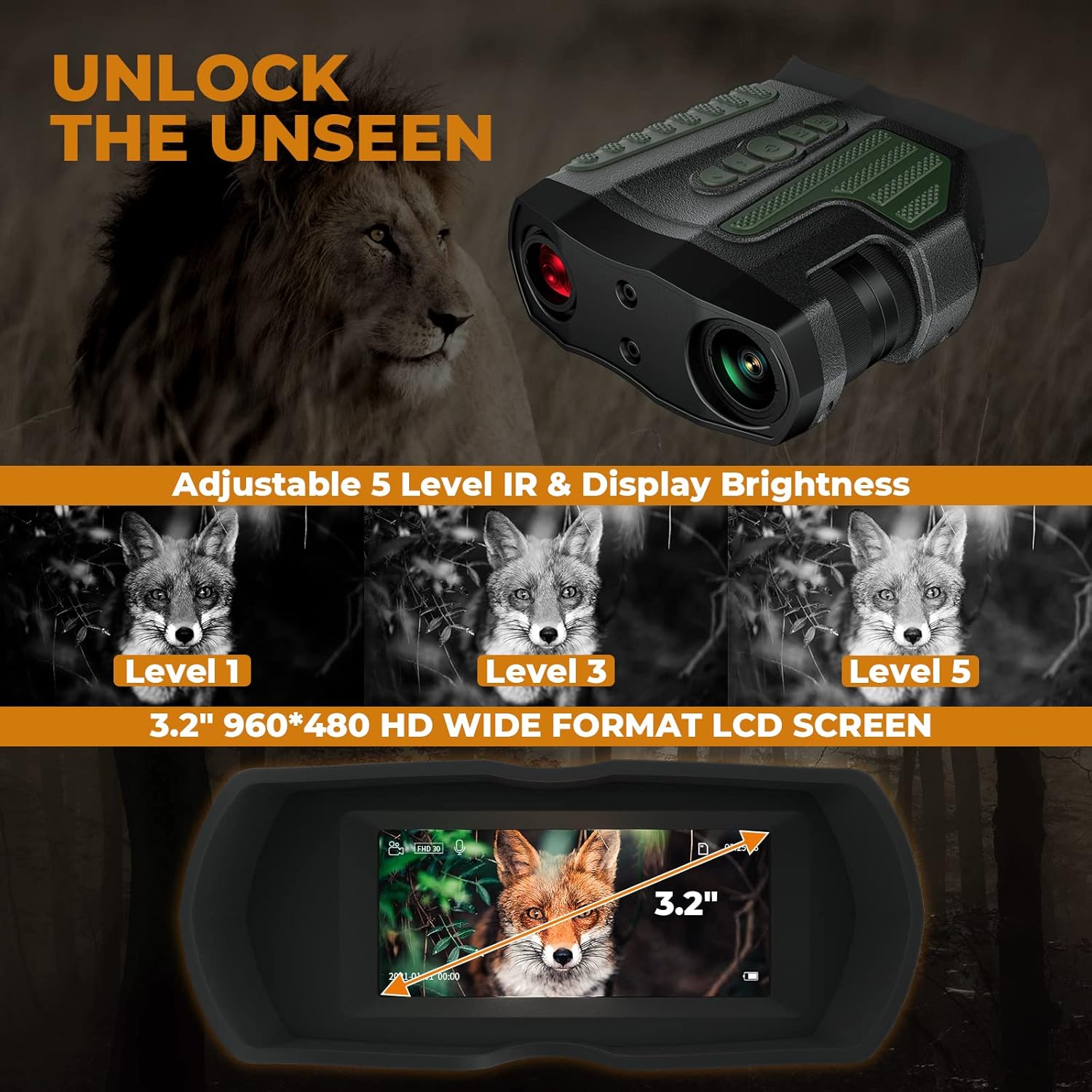 SAINSPOT Digital Infrared Night Vision Binoculars, Variable 1X - 10X Optical Zoom, Rechargeable, 1080P, Black and Brown