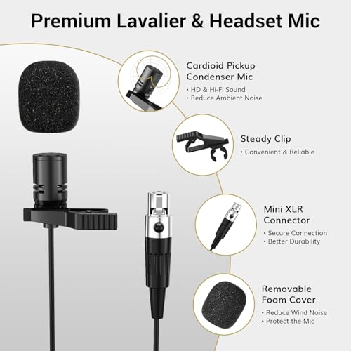 TONOR UHF Wireless Microphones System with Headset/Lavalier Lapel Mics, Bodypack Transmitter, Receiver, 2*15 Channels