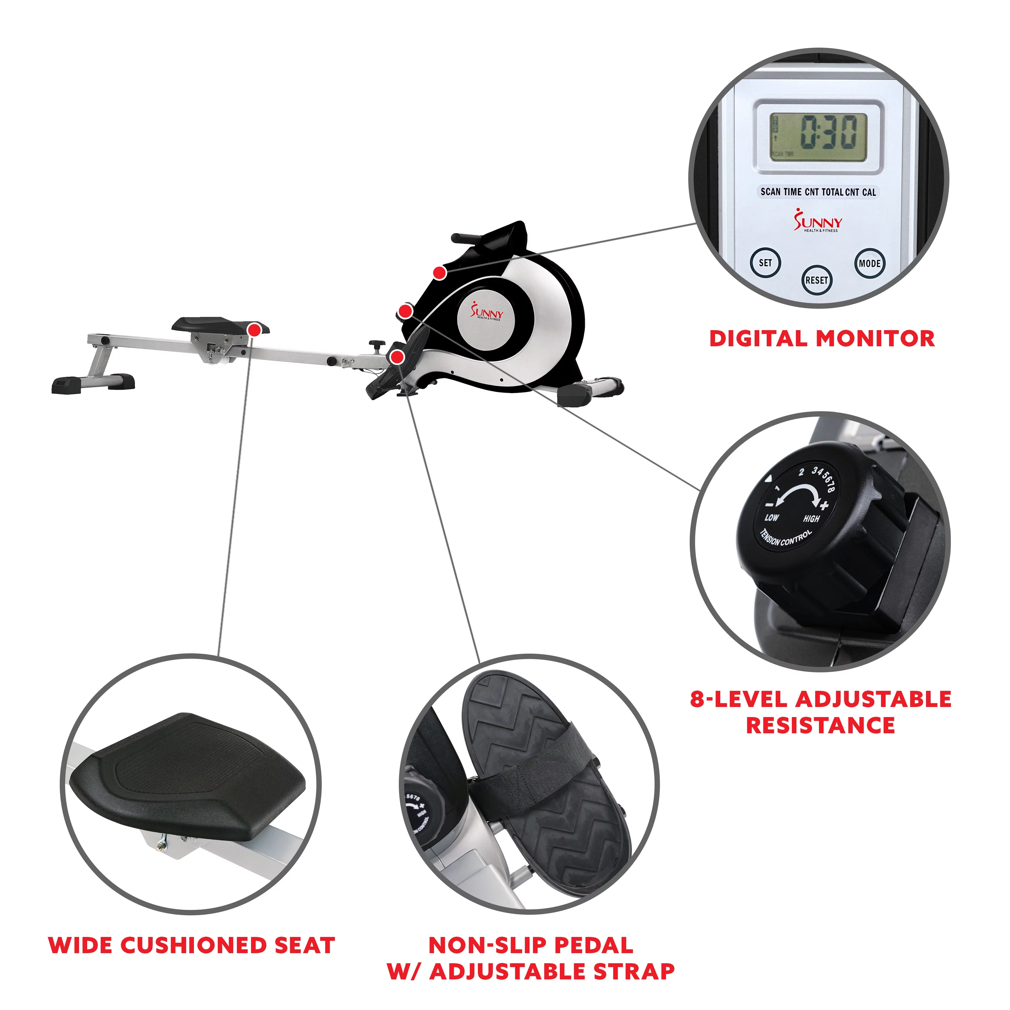 Sunny Health & Fitness Smart Magnetic Rowing Machine with Extended Slide Rail with Optional Exclusive SunnyFit® App Enhanced Bluetooth Connectivity