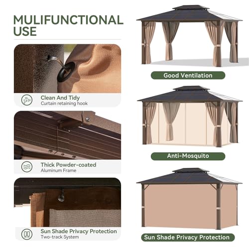 Aoxun 12'x10' Hardtop Gazebo, Aluminum Frame Permanent Pavilion with Curtains and Netting, Outdoor Polycarbonate Double Roof Canopy