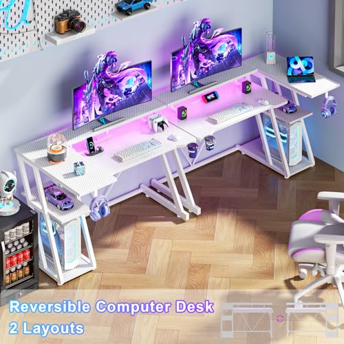 55 Inch Gaming Desk with Power Outlet & LED Lights, L Shaped Gamer Computer Table with Storage Shelves for Bedroom, Corner Home Office Desk