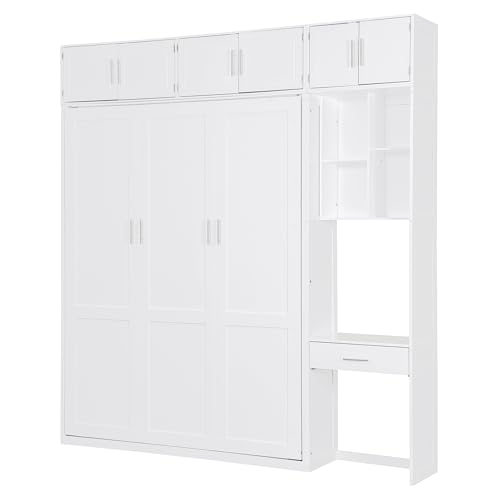 Polibi Full Size Wall Murphy Bed with Built-in Desk & Shelves - Multi-Functional Wall Bed for Small Apartments, 3 Storage Cabinets