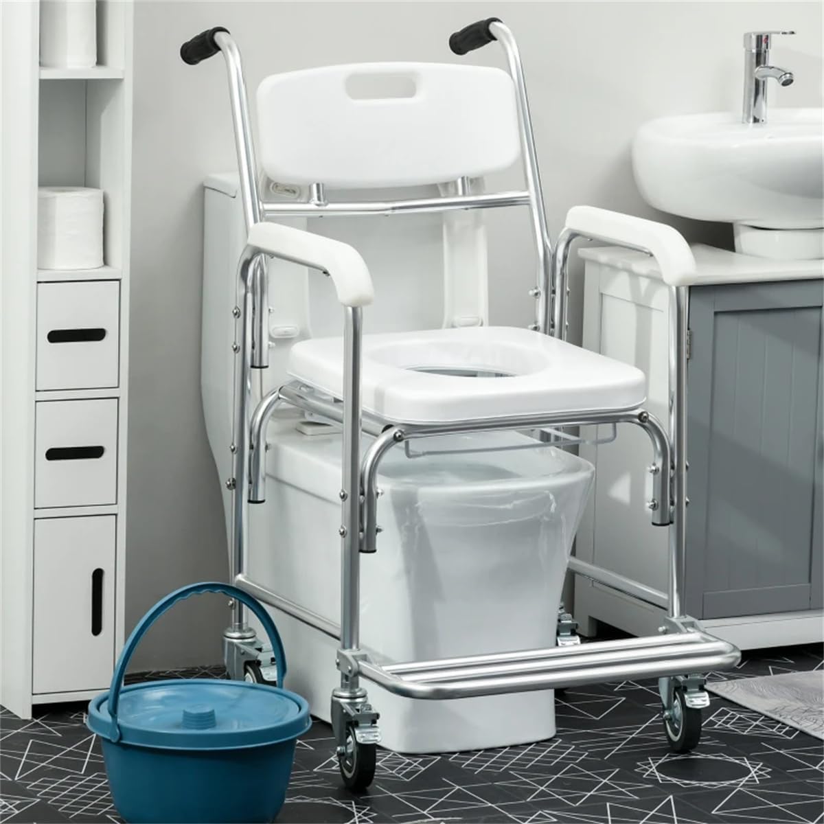 Shower Commode Wheelchair, Waterproof Rolling Over Toilet Chair with Padded Seat