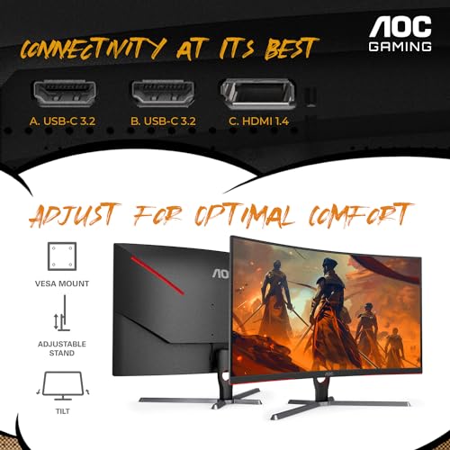 AOC CQ32G4VE 32" Curved Frameless Gaming Monitor 2K QHD, 1500R Curved VA, 180Hz, 0.5ms Response Time, 2X Display Port, 2X HDMI