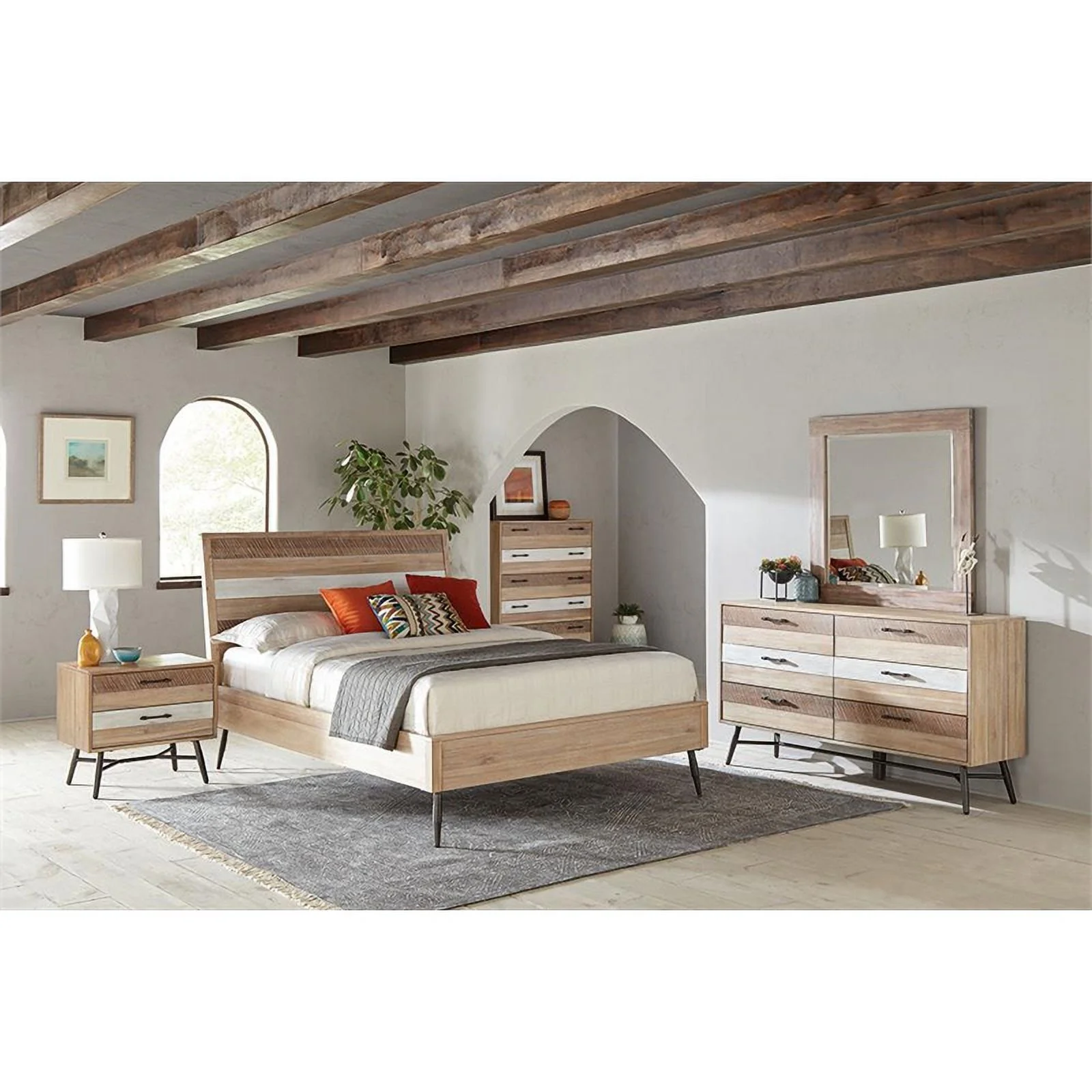 Maklaine 4-piece Farmhouse Wood Eastern King Bedroom Set in Brown