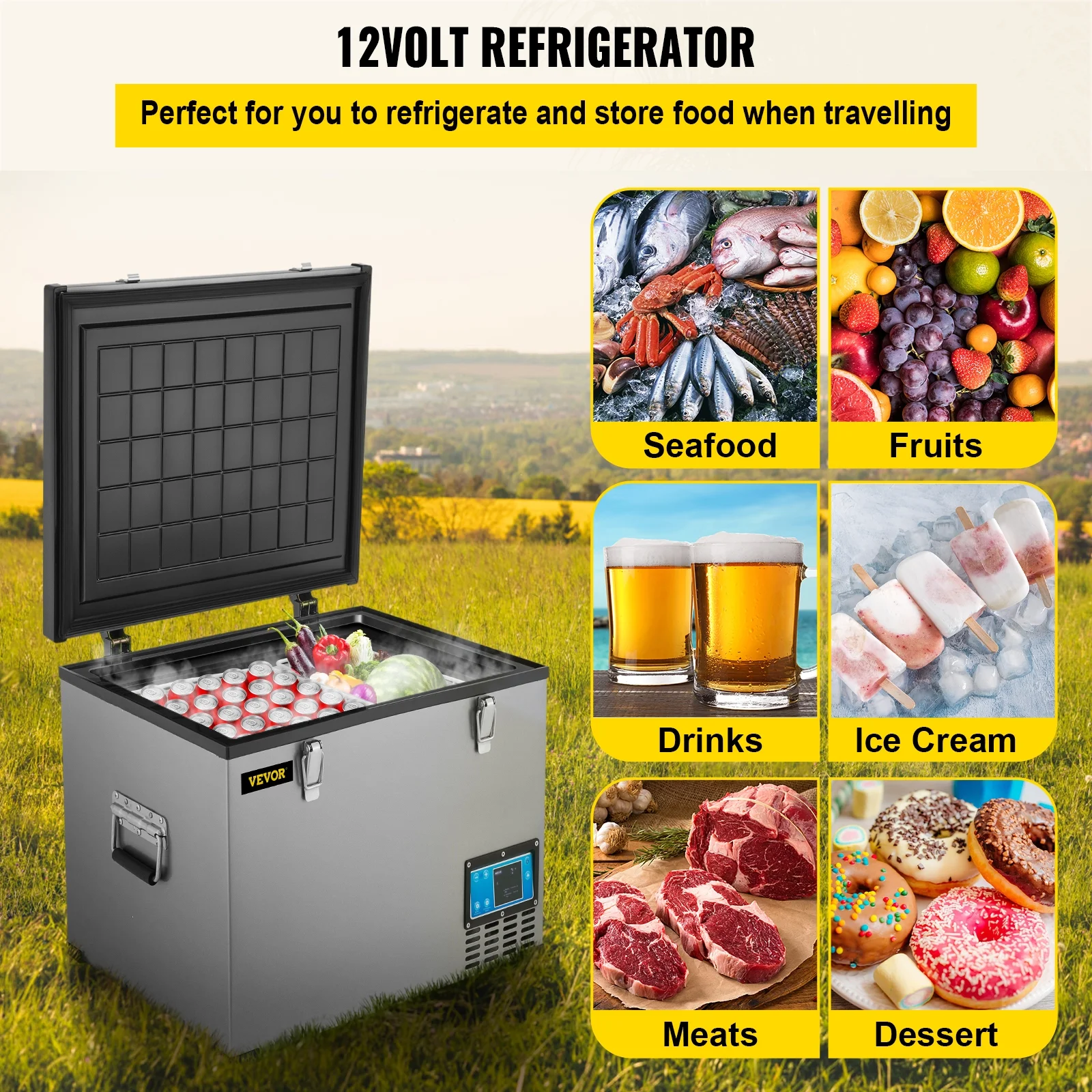 VEVOR Car Refrigerator, 48 Qt, 12v Portable Freezer with Single Zone, 12/24V DC & 110-240V AC Electric Compressor Cooler w/ -4℉-68℉ Cooling Range
