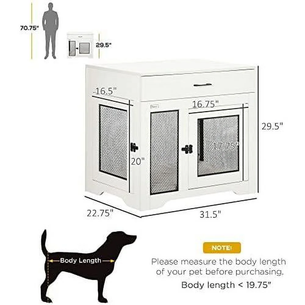 dog crate furniture with soft water-resistant cushion, dog crate end table with drawer, puppy crate for small dogs indoor with 2 doors, white