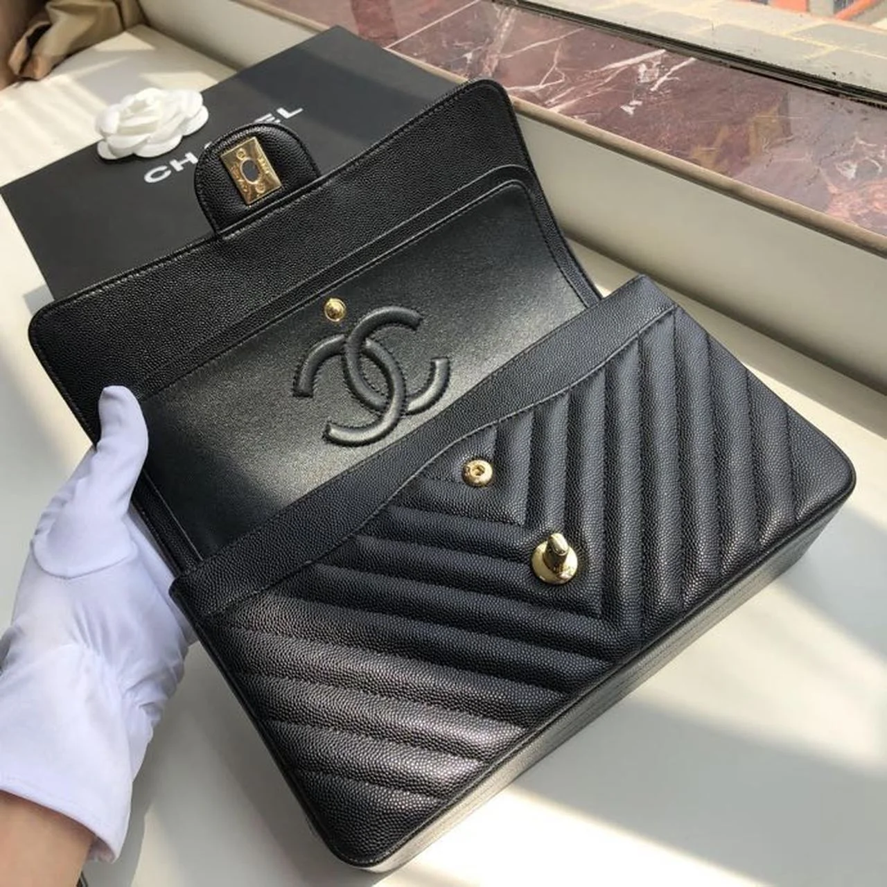 Chanel Chevron Classic Handbag Gold Toned Hardware Black For Women, Womens Bags, Shoulder And Crossbody Bags 10.2in/26cm
