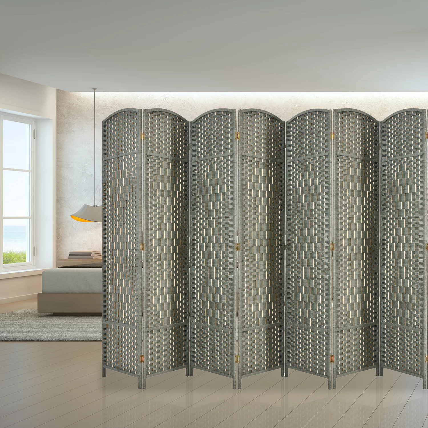 EXCITED WORK 5.7ft Wood Fiber Woven Room Divider 8 Panels, Foldable Mobile Grey Wood Room Divider, Oriental Style Furniture Space Divider
