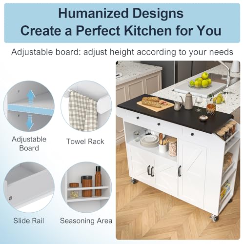Kitchen Island with Drop Leaf, Rolling kitchen island with power outlet and Led Light, Kitchen Island with Storage Cabinet, Spice Rack, Drawer