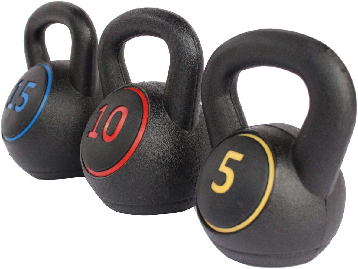 HooKung 3-Piece Kettlebell for Home Gym and Home Workouts Exercise Fitness Weight Set w/ 5lb, 10lb, 15lb Weights, Base Rack Pack of 2