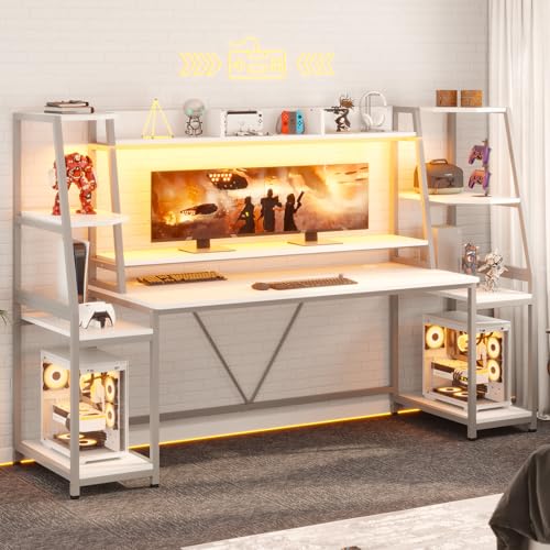 SEDETA Gaming Desk 78.8'' with LED Lights, Hutch and Storage Shelves, Computer Desk with Monitor Stand, Large PC Gamer Desk Workstation