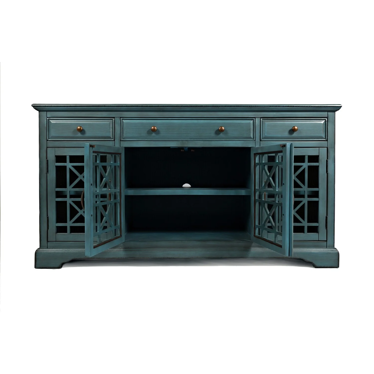Benzara Koi 60 Inch Acacia Wood TV Media Entertainment Center Console, 4 Glass Doors, Crossed Wood Design, Antique Blue