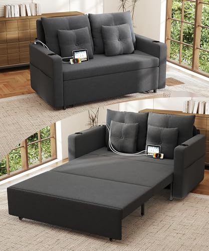 3 in 1 Pull Out Couch, 56 Inch Convertible Sleeper Sofa Bed, Loveseat Sofa with Cup Holders, USB, Sofa Couches for Living Room, Bedroom, Apartment