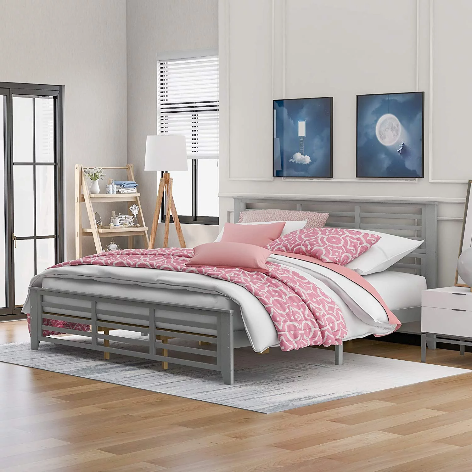 King Size Platform Bed Frame,Wood Platform Bed With Headboard And Footboard,King Bed Frame With Slat,No Box Spring Needed,Gray
