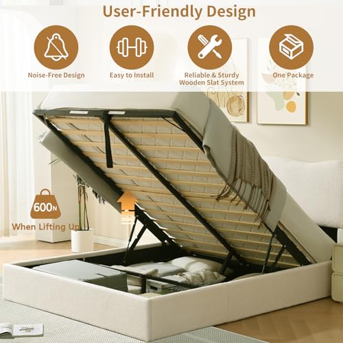 VELOCAVA Queen Size Lift-Up Storage Bed, Upholstered Boucle Bed with Curved Headboard, Rounded Corners, Sturdy Wooden Slat Support