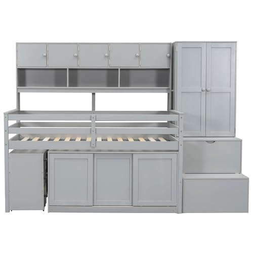 Harper & Bright Designs Full Size Loft Bed with Wardrobe, Wooden Full Loft Bed Frame Big Storage with Under-Bed Desk, Drawers and Shelves, Gray
