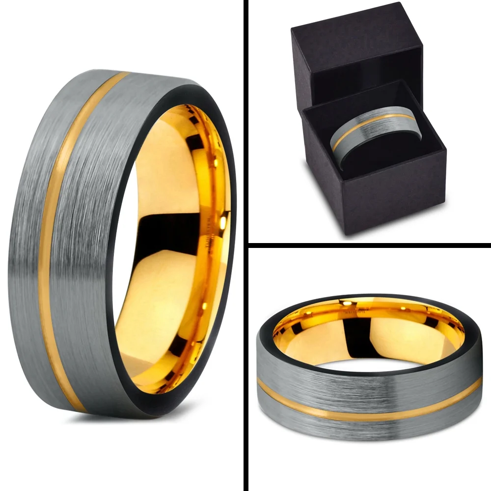 P. Manoukian Tungsten Wedding Band Ring 7mm for Men Women Black & 18K Yellow Gold Plated Pipe Cut Brushed Polished Lifetime Guarantee Size 9.5