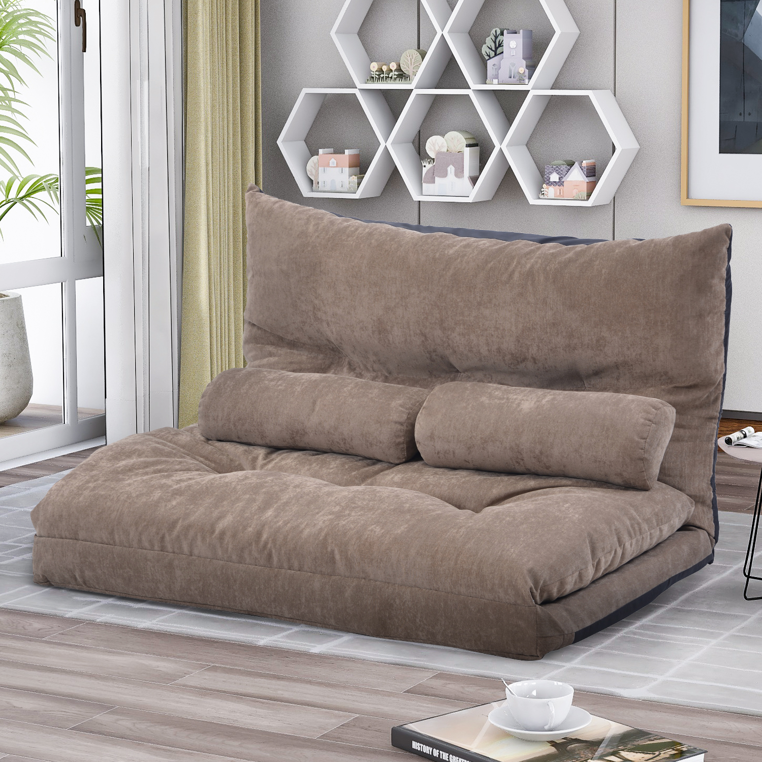 Nestfair Light Brown Sofa Bed Adjustable Folding Futon Sofa with Two Pillows