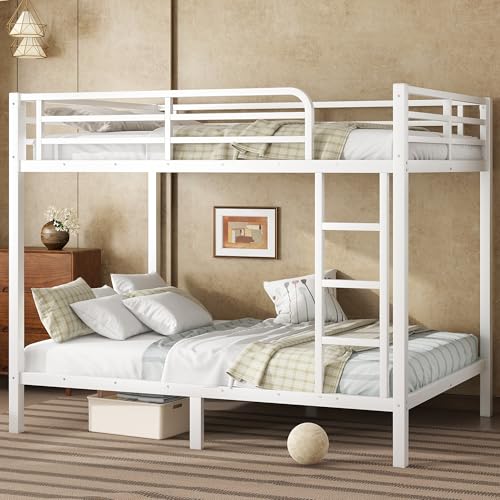 Heavy Duty Bunk Bed Frame with Ladder, Twin XL Over Twin XL Bunk Beds with Safety Guardrails, Adults Bunk Beds with Noise-Reducing Rubber Stoppers
