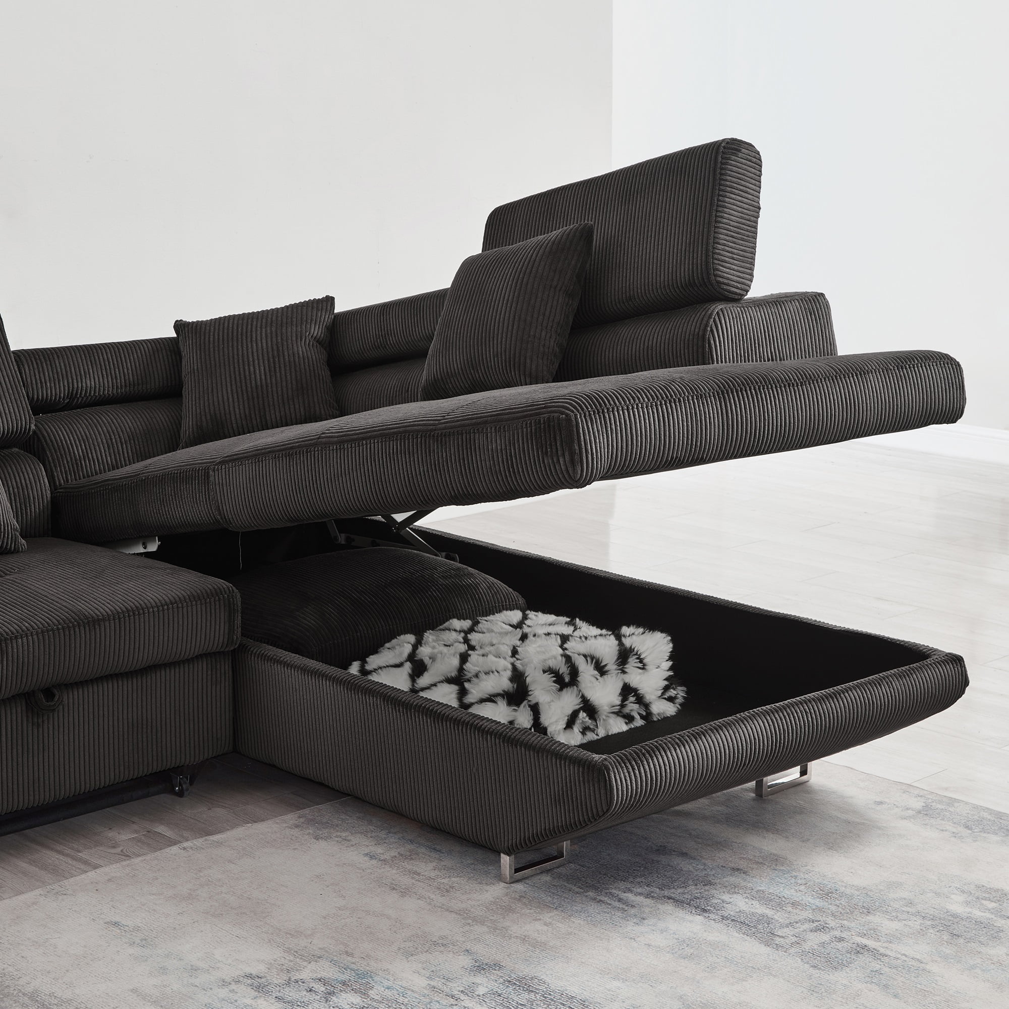 Noodeniya Corner Sofa Couch Pull-Out Bed with Storage Chaise, Convertible Sleeper Sofa Bed, L Shaped Corduroy Right Corner Couch for Living Room