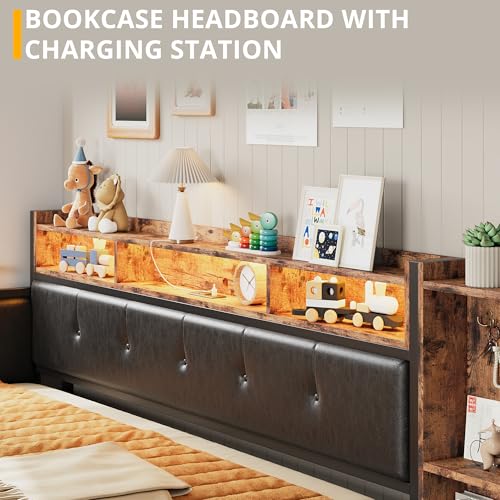 ANCTOR Corner Bed Frame, Twin Daybed with 2 Drawers & Charging Station, Platform Bed Frame Bookcase Headboard for Living Room, Bedroom and Guest Room
