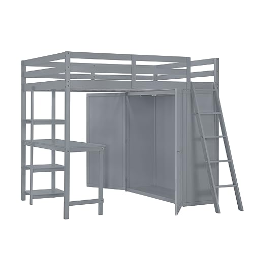 Harper & Bright Designs Full Size Loft Bed with Wardrobe and Desk, Solid Wood Loft Bed Frame with Storage, for Kids Teens Adults (Full Size, White)
