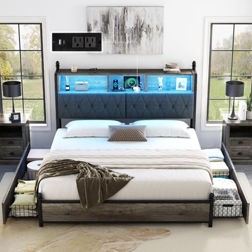 AMERLIFE Full Size Bed Frame with Bookcase Headboard, 4 Storage Drawers, Wooden Platform Bed with Charging Station & LED Light, No Box Spring Needed