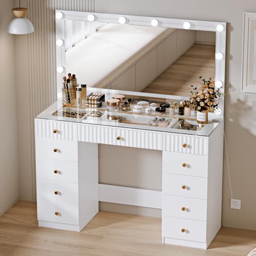 43" Makeup Vanity Desk with Mirror and Lights, & Power Outl, Glass Top Big Vanity Table with 9 Drawers& 8 Storage Shelves