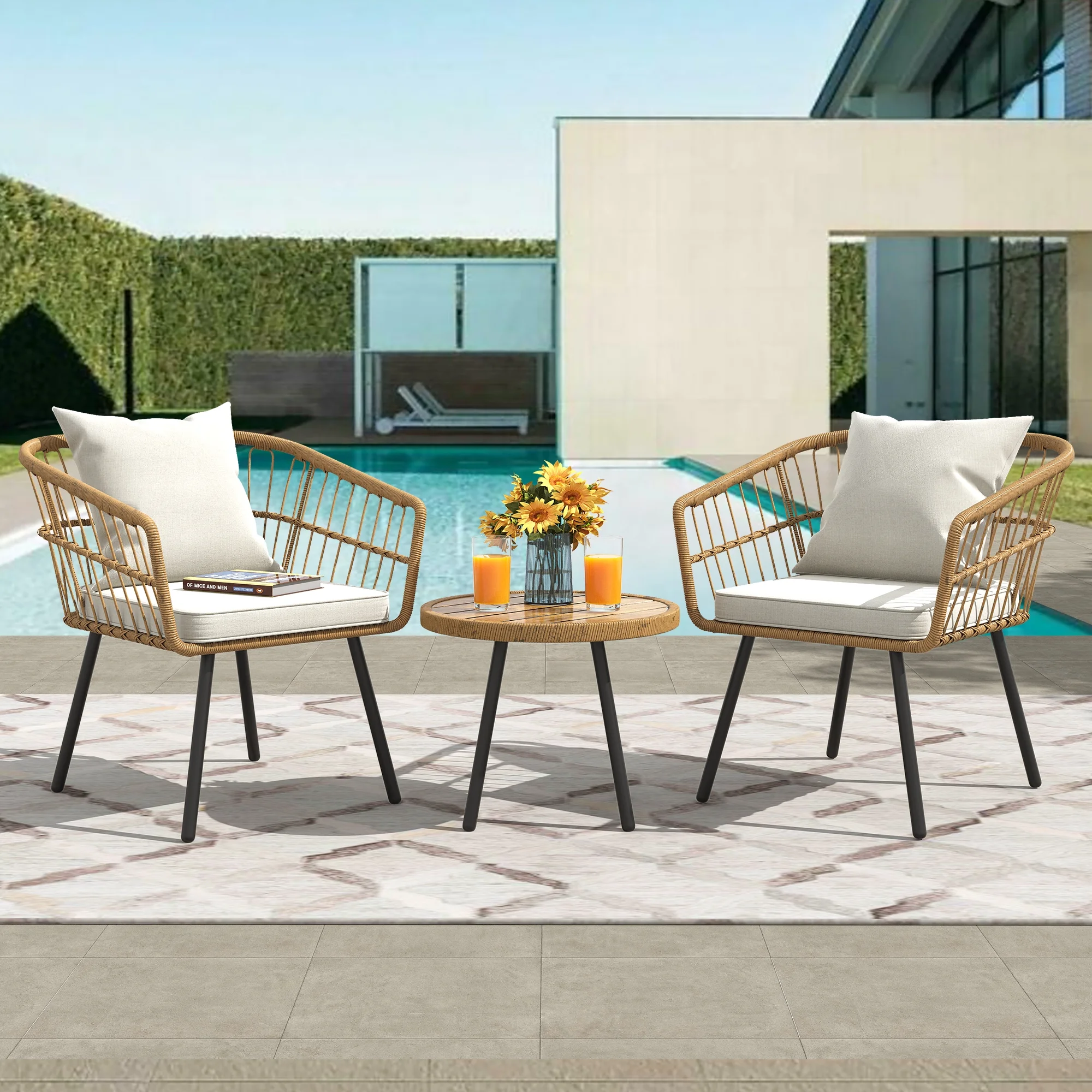 Dextrus 3 Piece Outdoor Wicker Furniture Patio Bistro Set, PE Rattan Wicker Chairs Set with Table and Cushions