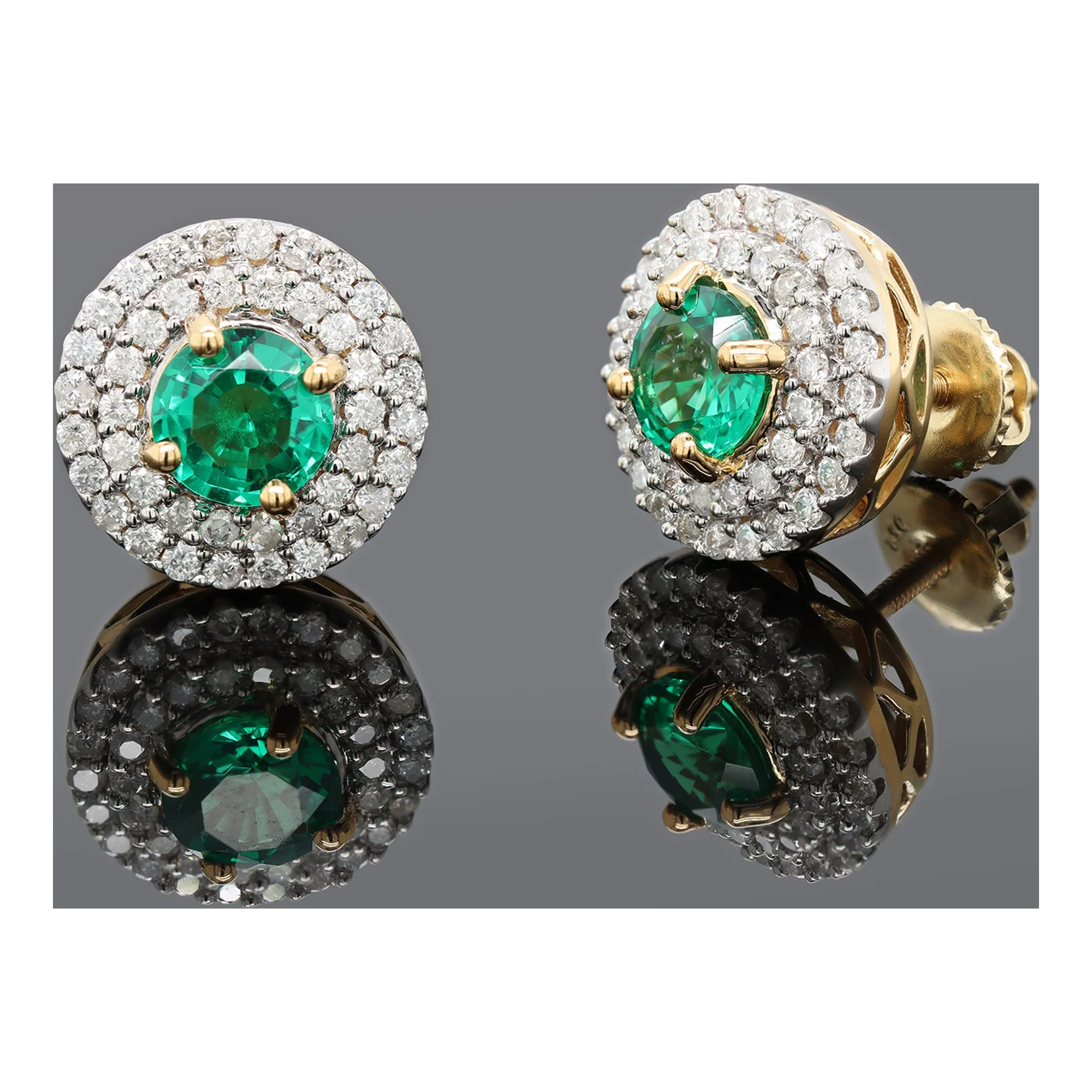 3 Carat Round Green Emerald and Natural Diamond Double Halo Stud Earrings Jewelry Gift for Female Girls Teen in 18K Yellow Gold Plated (3 Cttw