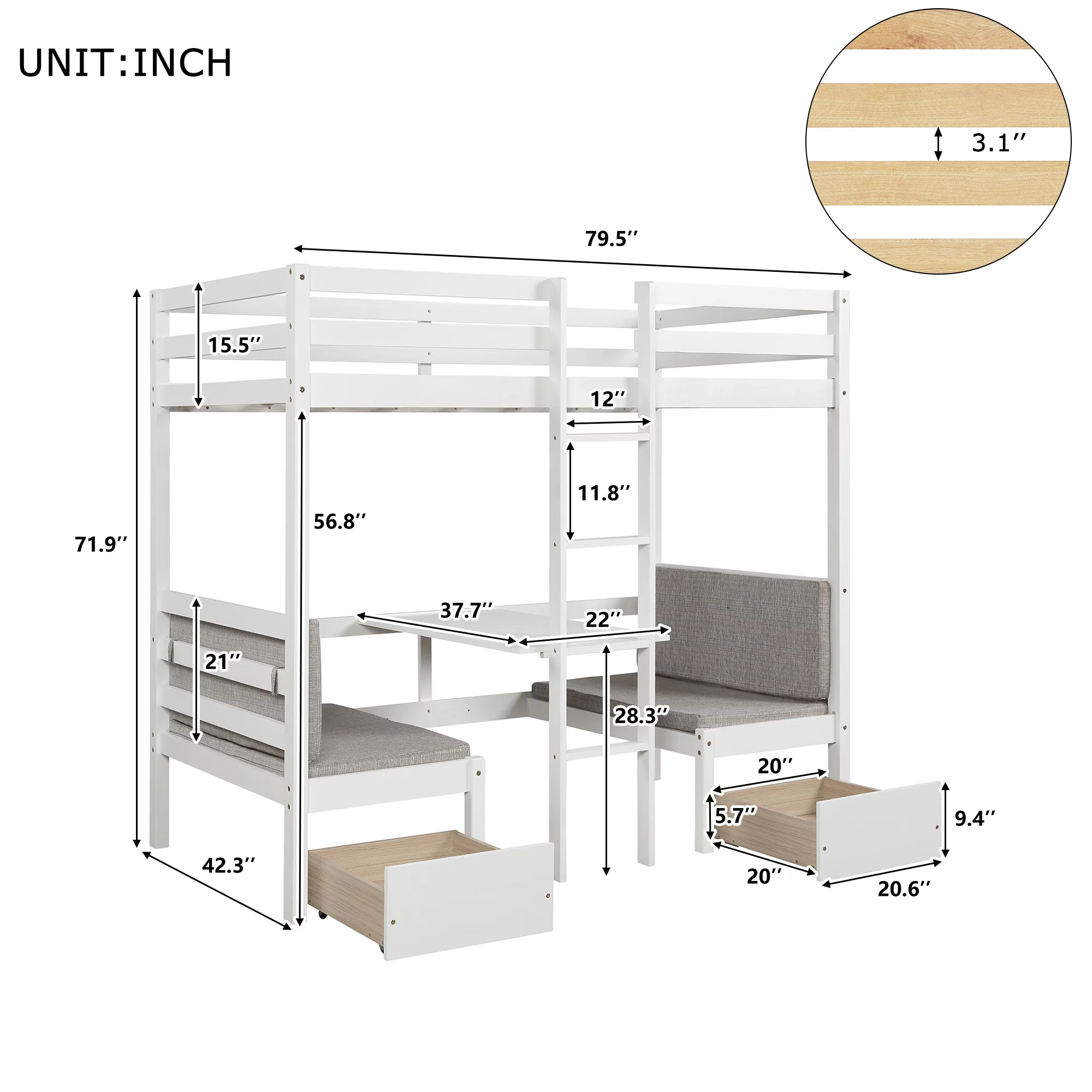 Bellemave Twin Size Loft Bed with Desk, Seat and Two Storage Drawer, Convertible Loft Bed Can be Turned Into Twin over Twin Bunk Bed for Kids, Teens