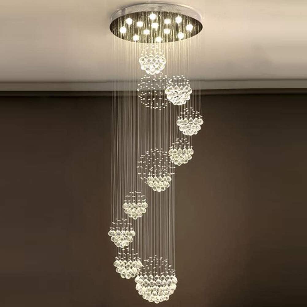 Staircase Crystal Chandeliers, Siljoy Modern 11 Sphere Spiral K9 Rain Drop Ceiling Light Fixture for Hotels Villas, 13 Lights, Dia 31.5 X H86.6