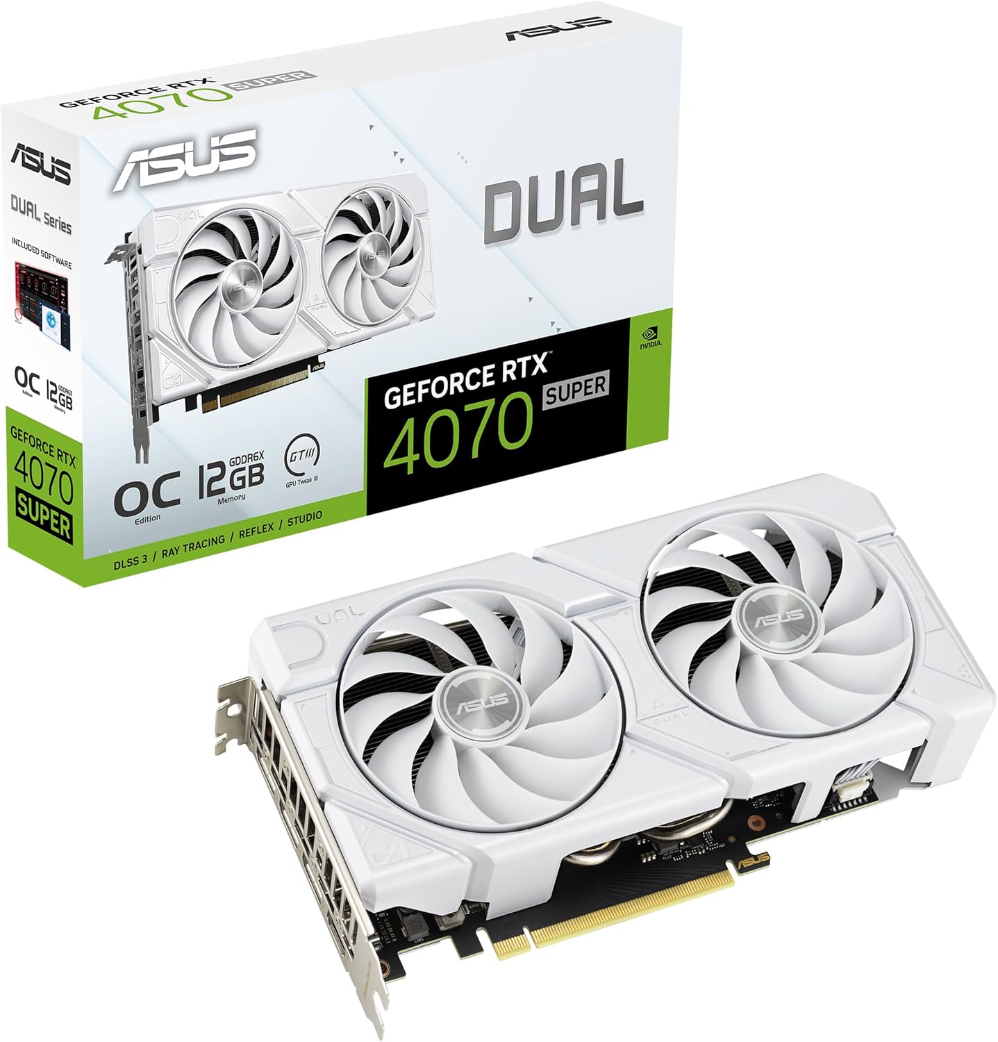 ASUS Dual GeForce RTX™ 4070 Super EVO White OC Edition (PCIe 4.0, 12GB GDDR6X, DLSS 3, HDMI 2.1a, DisplayPort 1.4a, 2.5-Slot Design
