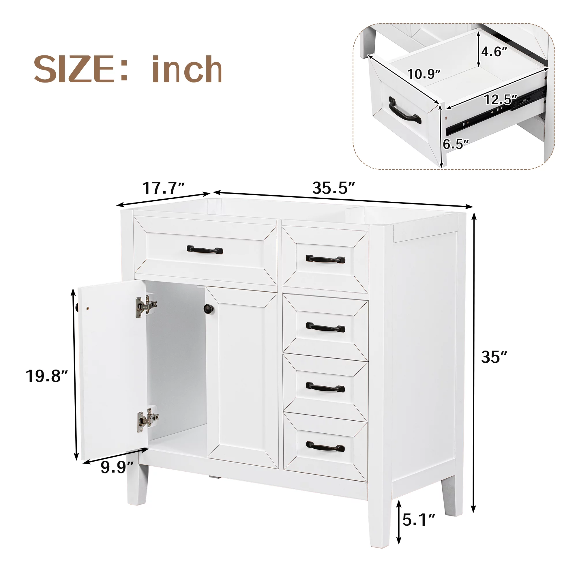 Royard Oaktree 36" Single Bathroom Vanity Modern Under Sink Storage Vanity Base with 2 Doors & 3 Drawers Freestanding Bathroom Storage Cabinet for