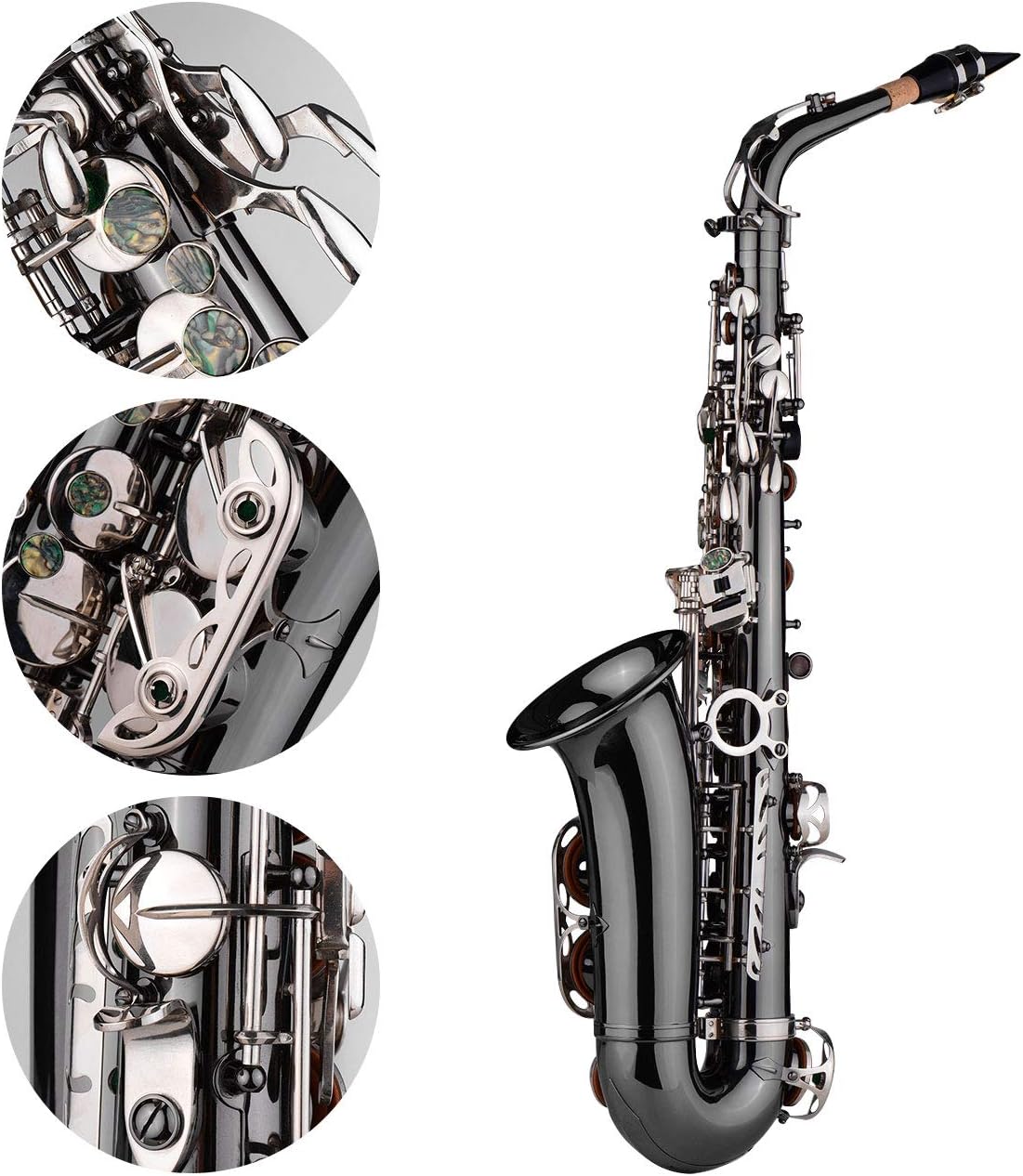 Btuty Eb E-flat Alto Saxophone Professional Brass Bend Sax Black Nickel Plating Abalone Shell Keys with Carrying Case Gloves Cleaning Cloth Straps
