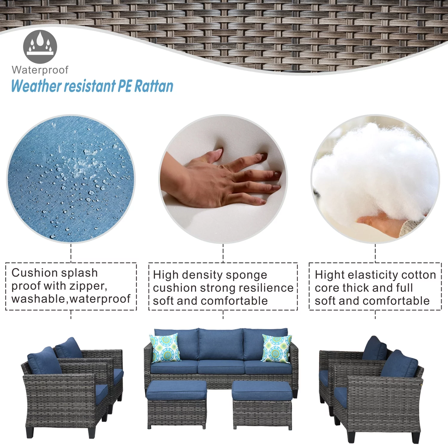 Ovios 7 Pieces Modern Outdoor Patio Furniture All Weather Wicker Conversation Set with Sectional Couch and Ottoman for Backyard - Radiant Selections