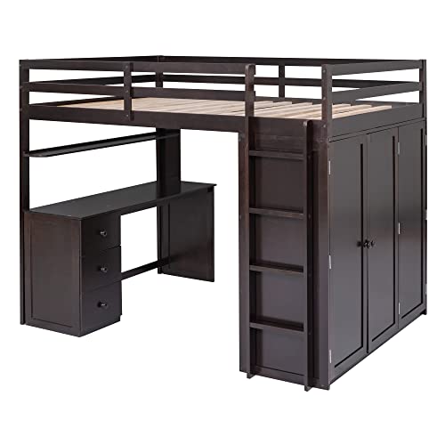 Harper & Bright Designs Full Loft Bed with Desk and Wardrobe,Solid Wood Loft Bed Frame Full with Storage Drawers for Kids Teens Adults