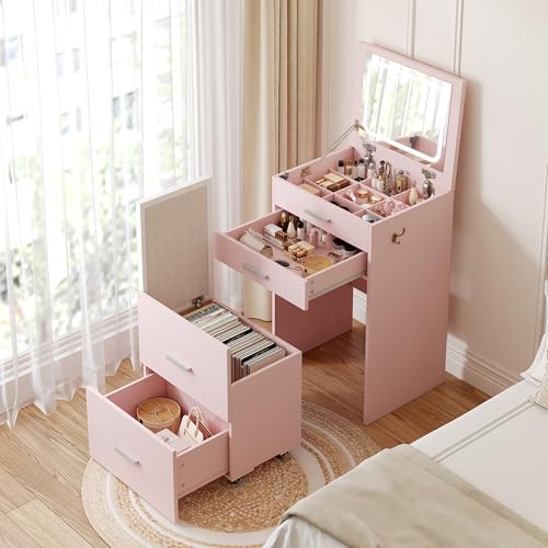 Compact Vanity with 3 Drawers, 3 in 1 Vanity Desk, Makeup Desk with Flip-up 3 Colors Lighting Mirror and Cushioned Stool