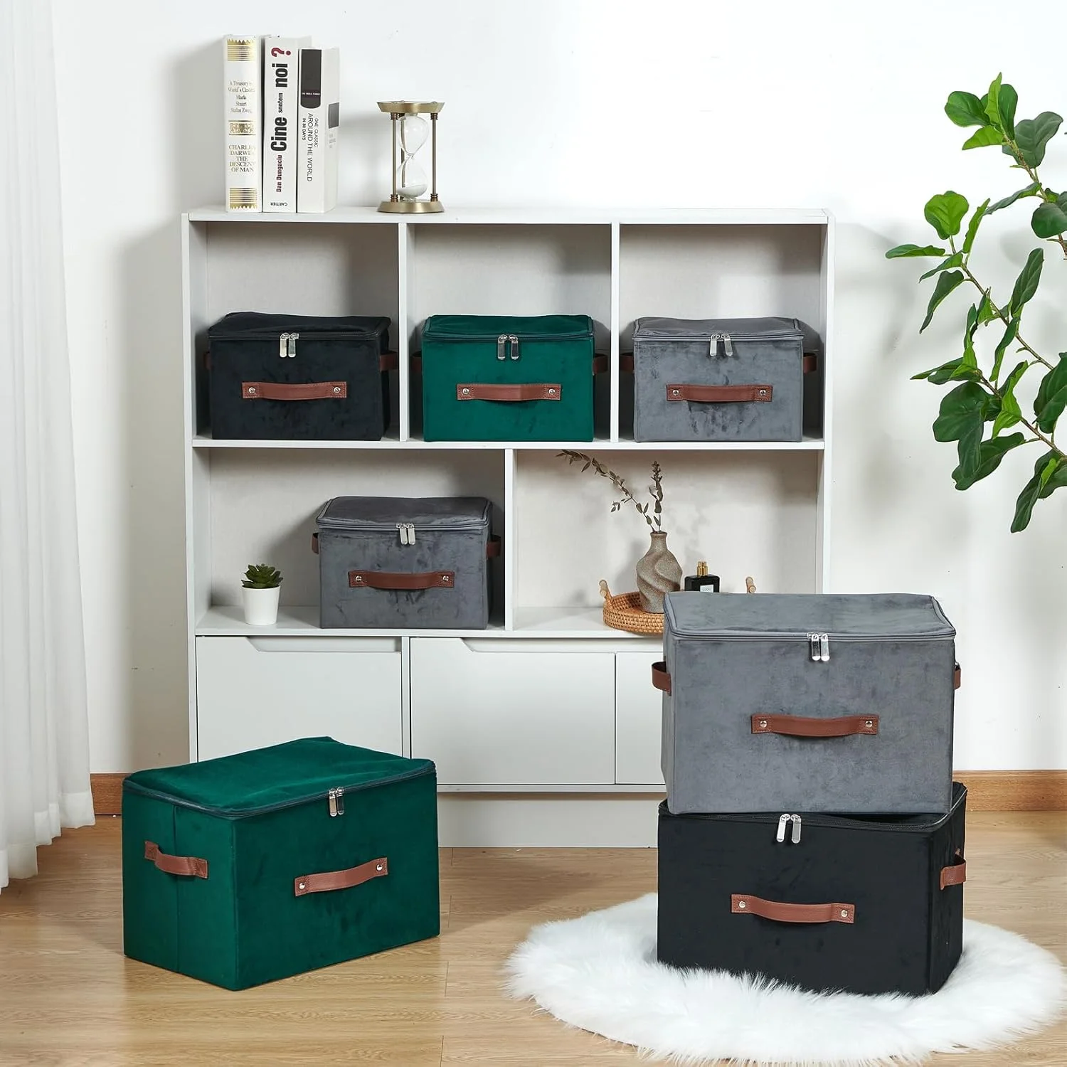 Storage Bins with Zipper Lid Velvet Fabric Storage Boxes Lidded Baskets Foldable Washable Decorative Closet Shelf Clothes Organizer Container with PU