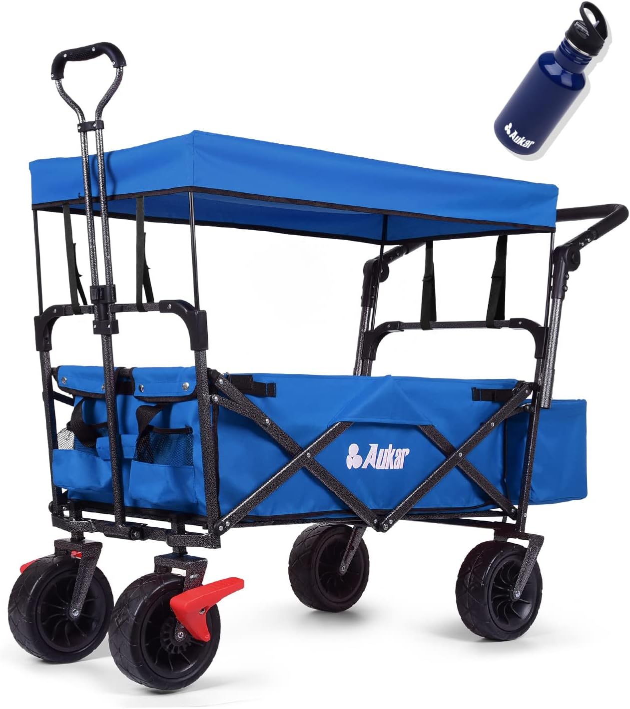 AUKAR Collapsible Canopy Wagon - Heavy Duty Utility Outdoor Garden Cart - with All Terrain Wheels, Adjustable Handles , for Shopping, Picnic, Camping