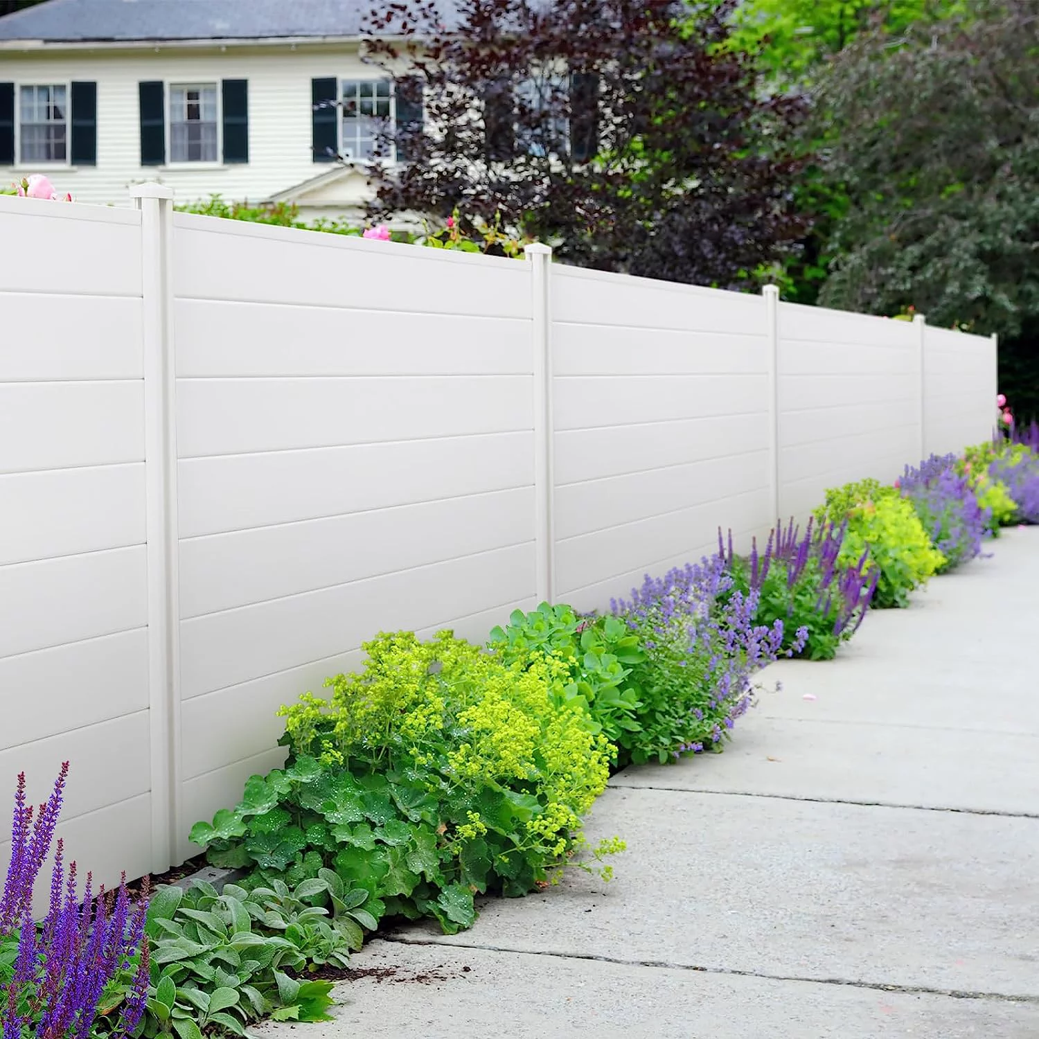 LAZY BUDDY 48''x47.2'' Outdoor Privacy Screen, 2 Panels Vinyl Air Conditioner Fence with 3 Metal Stakes, Privacy Fence Enclosure for Trash Can