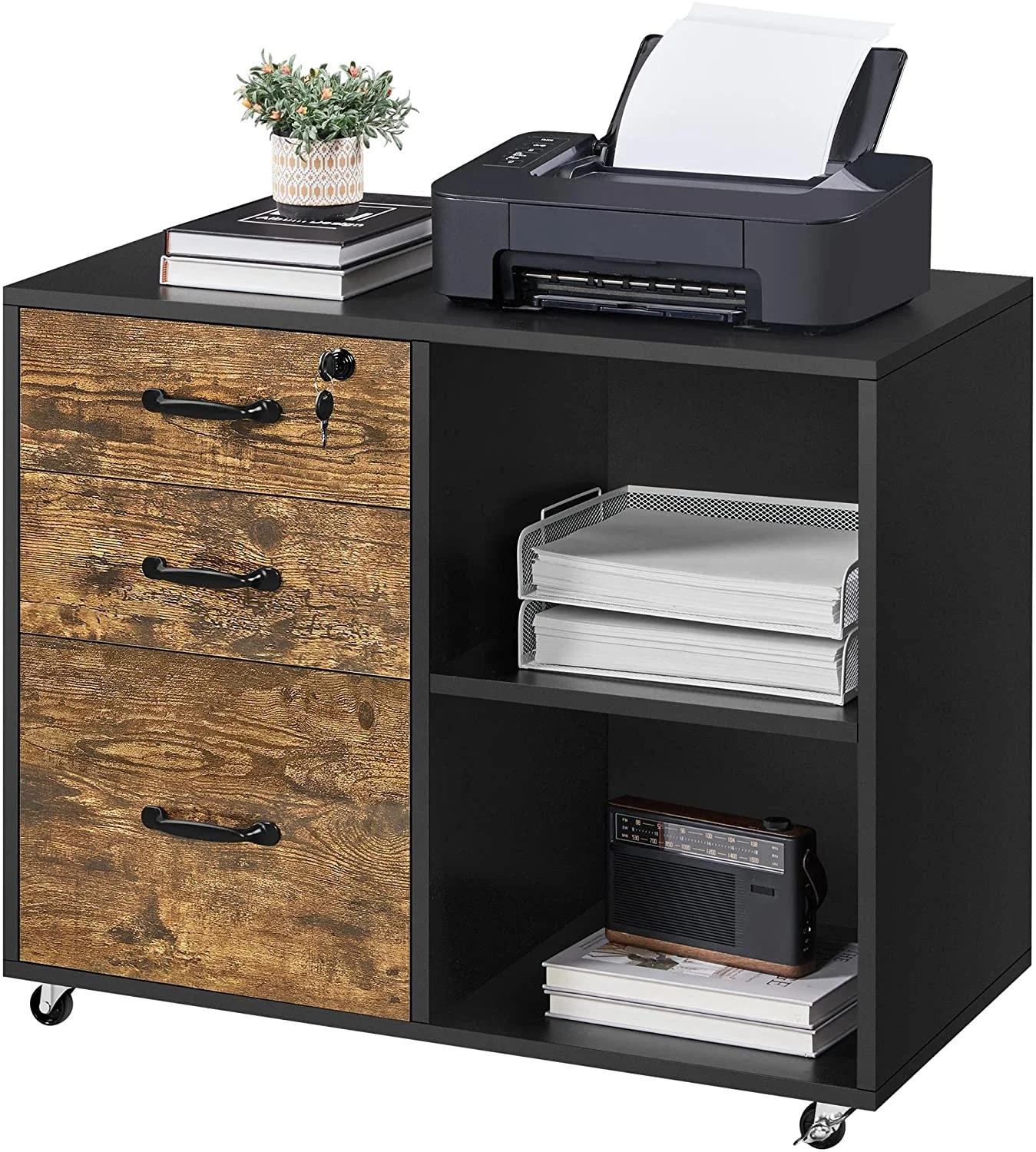 Black File Cabinet with Lock for Letter, A4 Size,3 Drawer Lateral Filing Cabinet Printer Stand with Open Storage Compartments