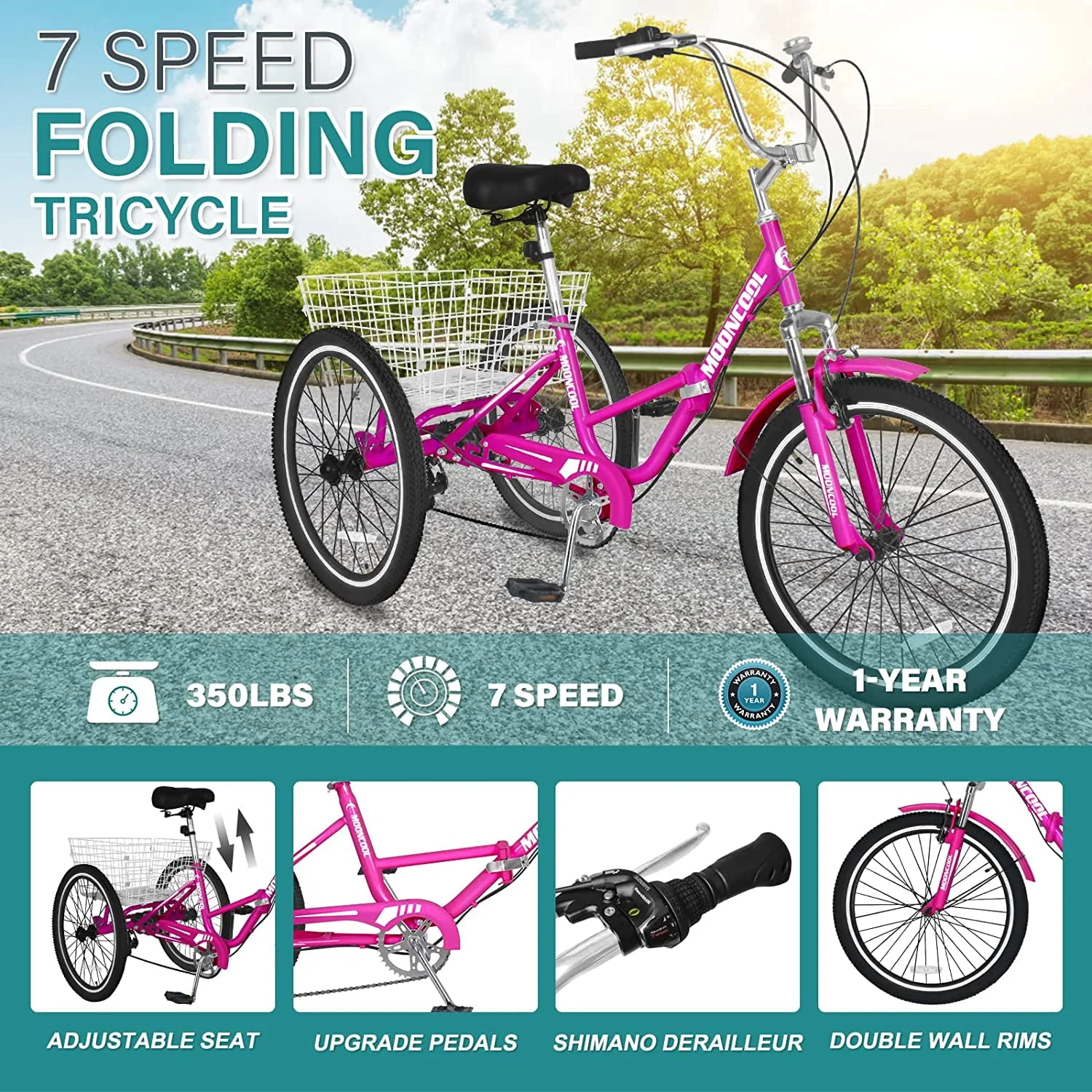 MOONCOOL Adult Folding Tricycle for Adults, 7 Speed 20/24/26 inch 3 Wheels Bikes with Basket, Foldable Tricycle for Adults, Women, Men, Seniors