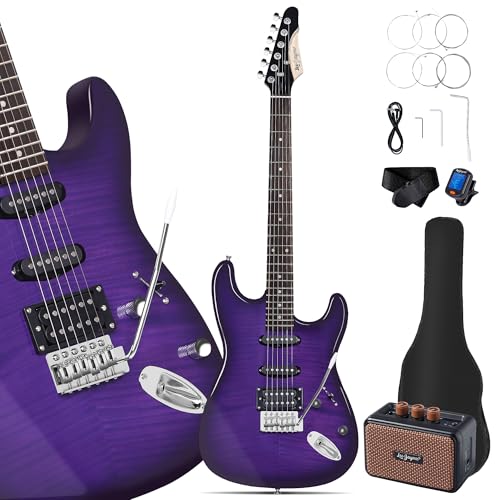 Leo Jaymz 39" Full Size ST Style Electric Guitar Starter Kit with SSH Pickup, 5W Portable Amp, Tuner, Gig Bag, Strap & Accessories (Violet Ocean)